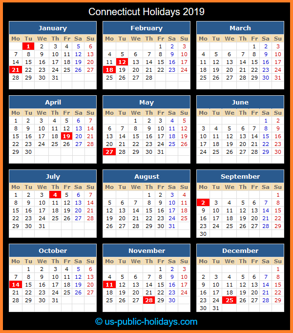 Connecticut Holiday Calendar 2019